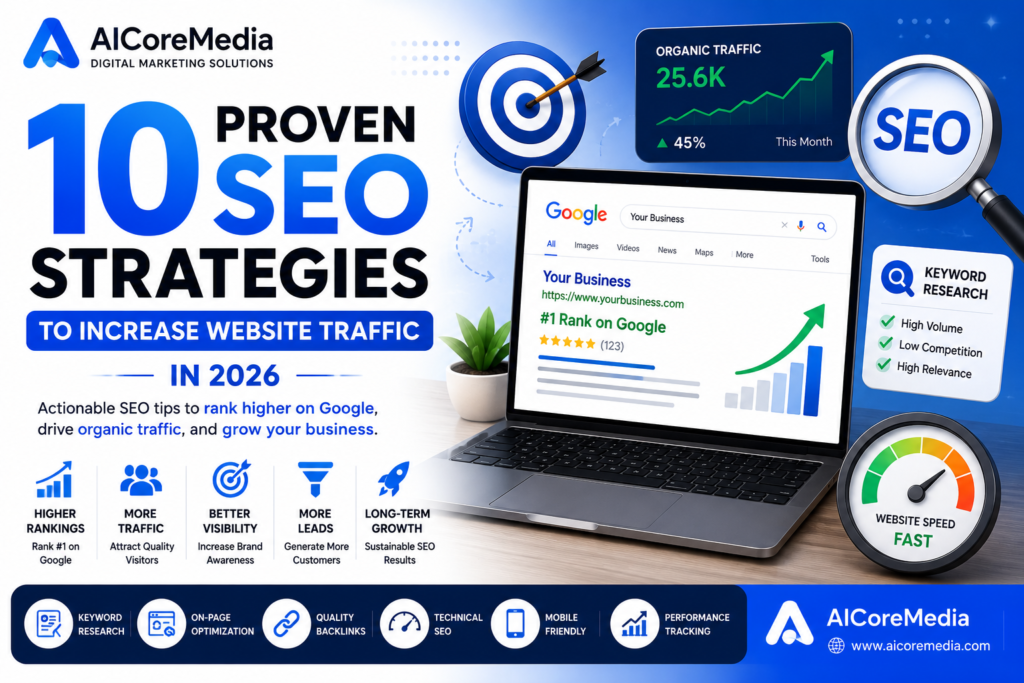 10 proven SEO strategies to increase website traffic and Google rankings in 2026.