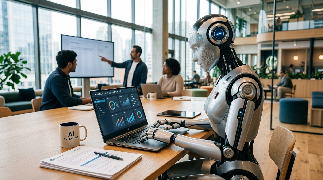 AI-powered digital marketing office with a humanoid AI assistant analyzing marketing data while a business team collaborates in a modern workspace.