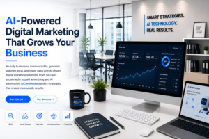 Modern AI-powered digital marketing office with analytics dashboard, SEO tools, AI automation, and a clean white corporate workspace representing business growth.