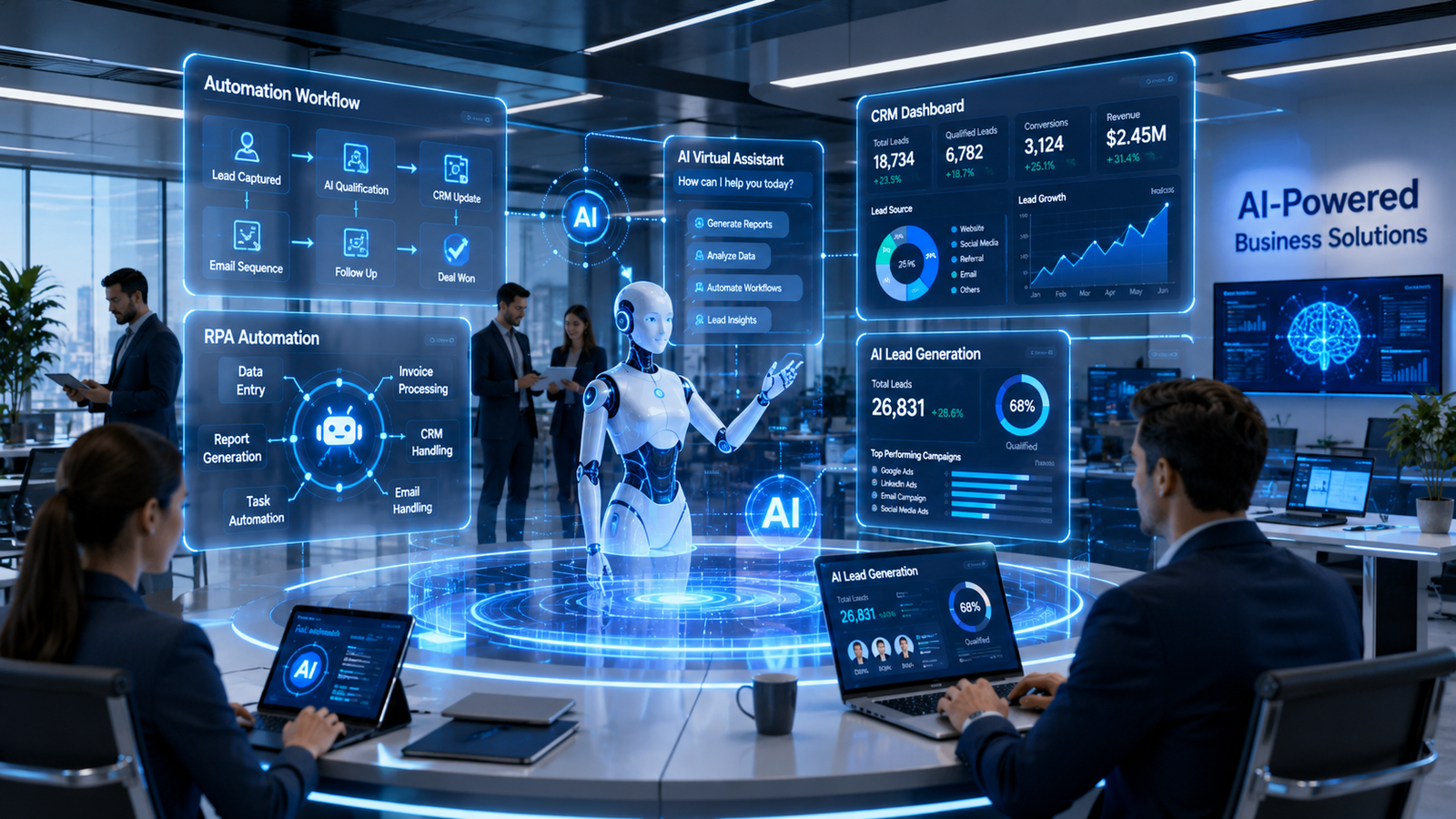 AI automation services with chatbot, workflow automation, and CRM integration.