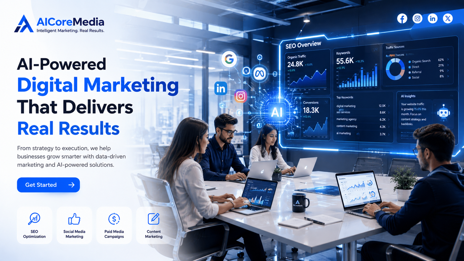 AI-powered digital marketing team collaborating on data dashboards and performance marketing services strategies in a modern office environment.