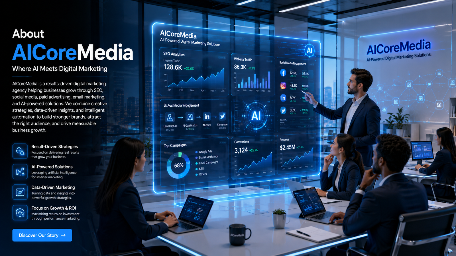 AICoreMedia digital marketing team working with AI analytics dashboard