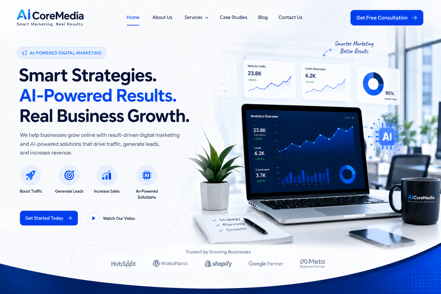 AI-powered digital marketing agency homepage hero showing a modern office workspace, analytics dashboard, business growth charts, and AICoreMedia branding.