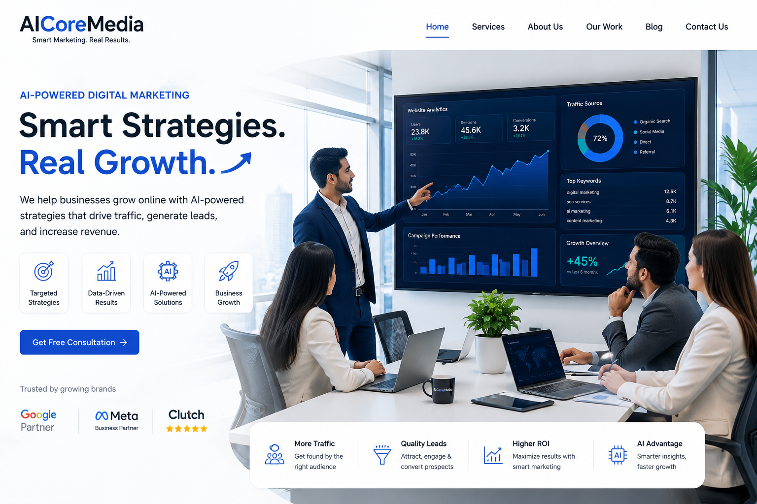AI-powered digital marketing team helping businesses grow with SEO, AI automation, lead generation, and analytics dashboard.
