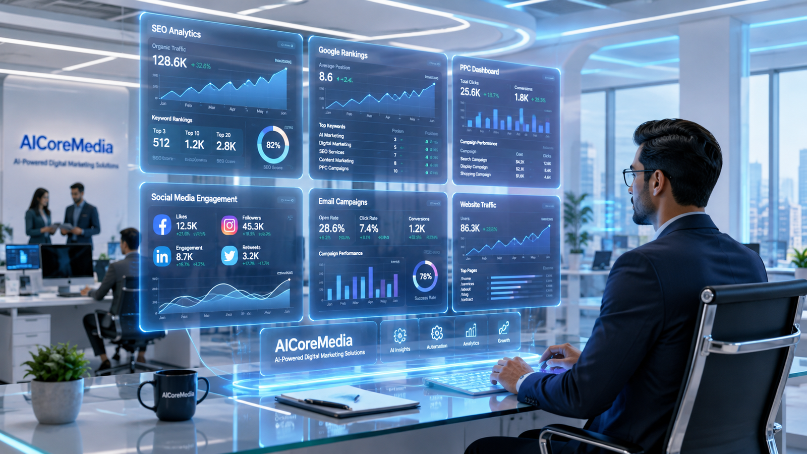 Digital marketing services with SEO, PPC, social media, and analytics dashboard.
