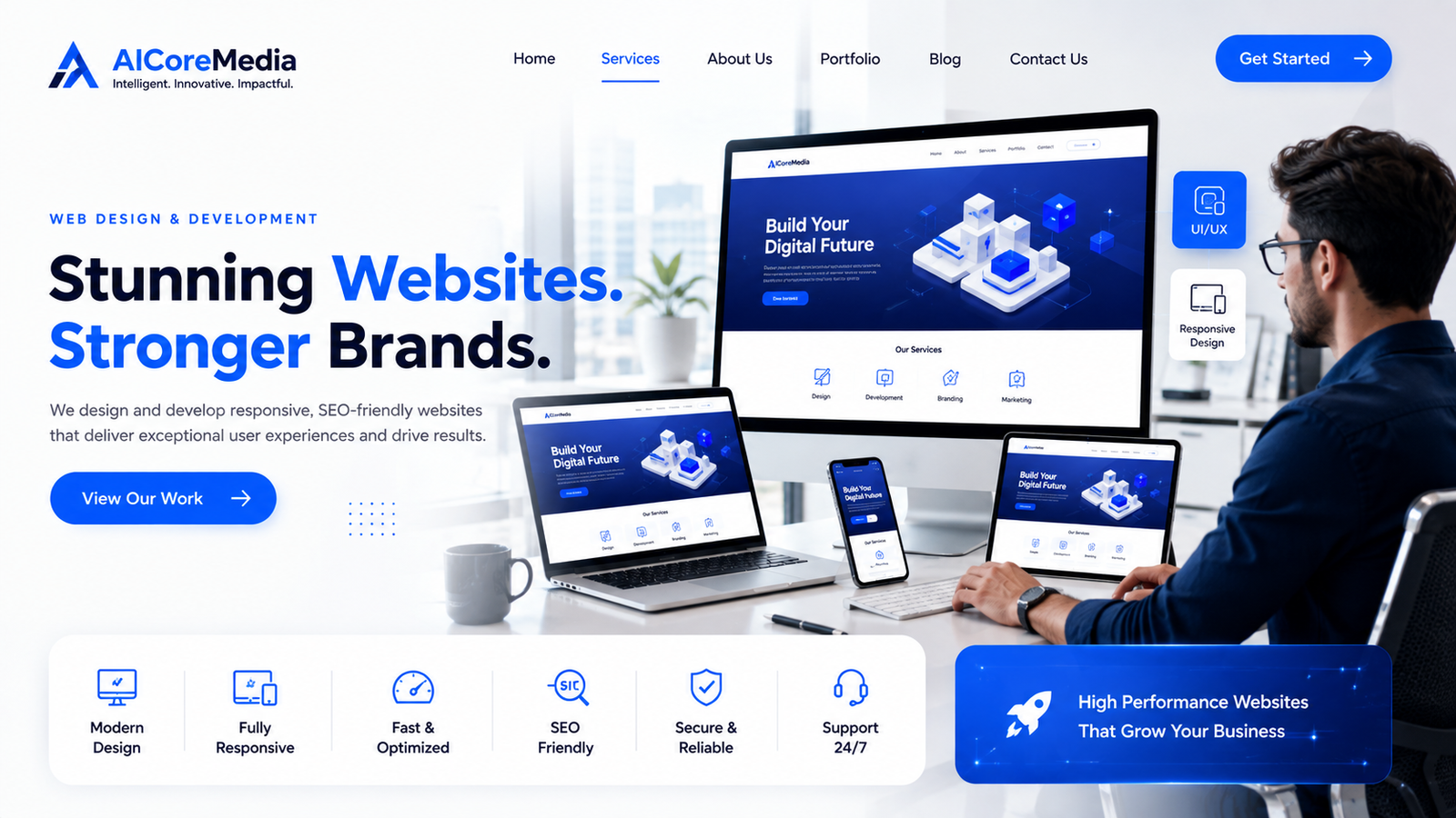 Professional web designer creating a responsive website on desktop, laptop and mobile devices with modern UI/UX dashboard.